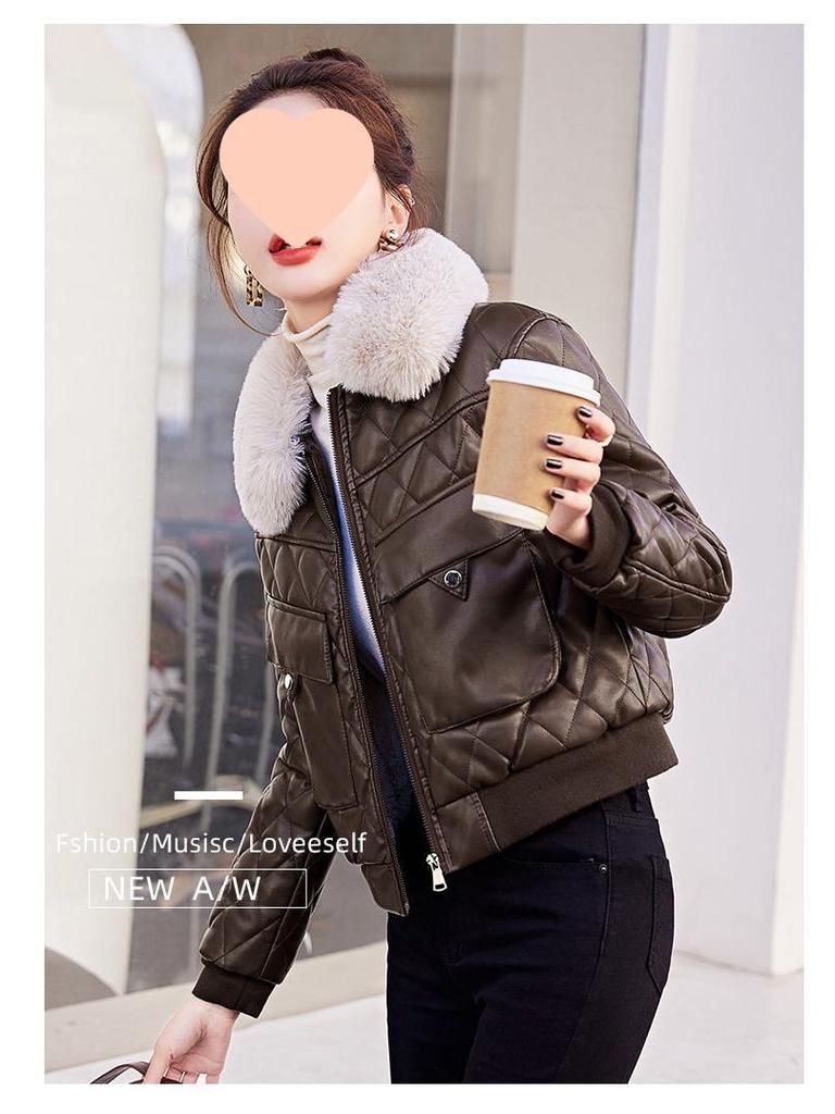 Women's Short Fleece-Lined Leather Motorcycle Jacket - Winter Fashion Cotton-Padded Coat