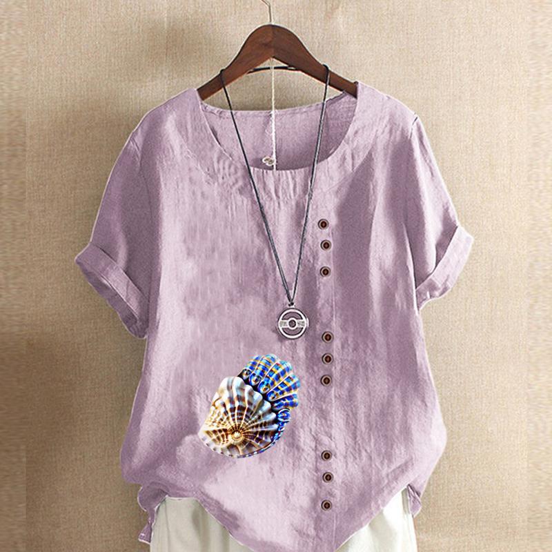 Women's Fashion Round Neck Short Sleeve T-shirt Casual Cotton Linen Graphic Shirt Leisure Loose Conch Prined Summer Blouse Tops