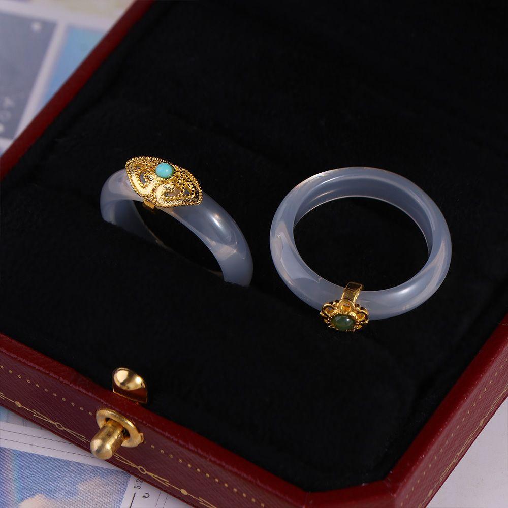 Imitation Jade Inlay Couple Jewelry Niche Design Chinese Style Ring Women's Accessories Flowers Ring Chalcedony Finger Ring
