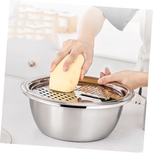 BIUDECO 1-Piece Stainless Steel Grater with Draining and Vegetable Basket, Multifunctional Kitchen Cleaning Bowl, Grater, Clever Slicer, and Colander,