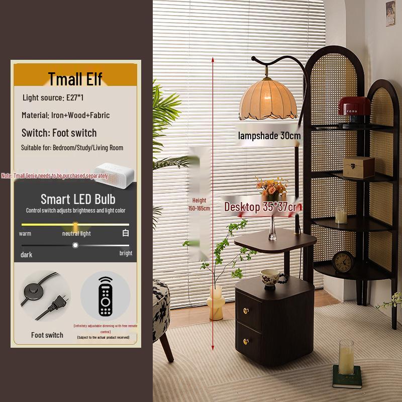 French Mid-Century Smart Bedside Table: Solid Wood, Integrated Lamp, Creative Storage Shelf