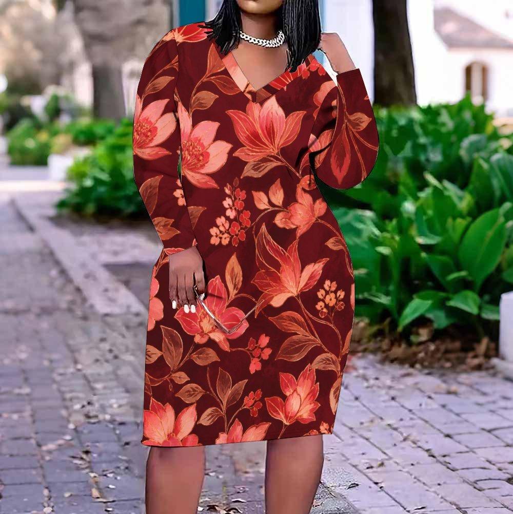 Women Plus Size Floral Printed V Neck Long Sleeve Fitted Midi Dress