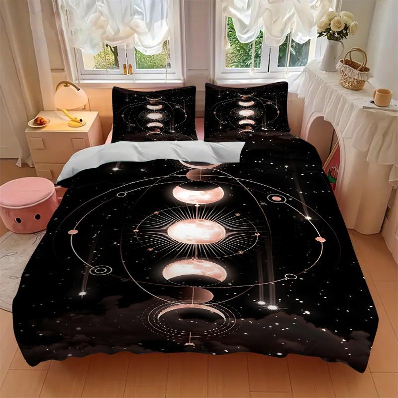 3pcs Moon Phases Celestial Bedding Set, Includes Without Pillow Inserts, Soft Comfortable Bedding Set,All-Season Use a0924098
