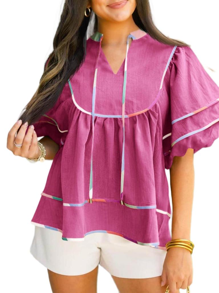 Women's Babydoll V Neck Blouse Short Lantern Sleeve Loose Peplum Flowy Top