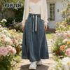 Elastic Waist Denim Swing Skirts Women Casual Long Skirt with American Design