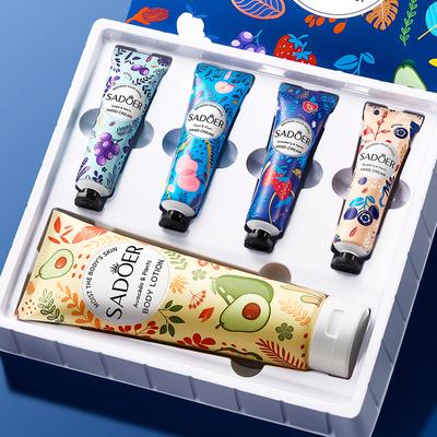 5-teiliges Hautpflegeset mit Fruchtpflanzen, Körpermilch, Handcreme, 5-teilig, feuchtigkeitsspendend, nährend, gegen trockene Risse, Geschenkset