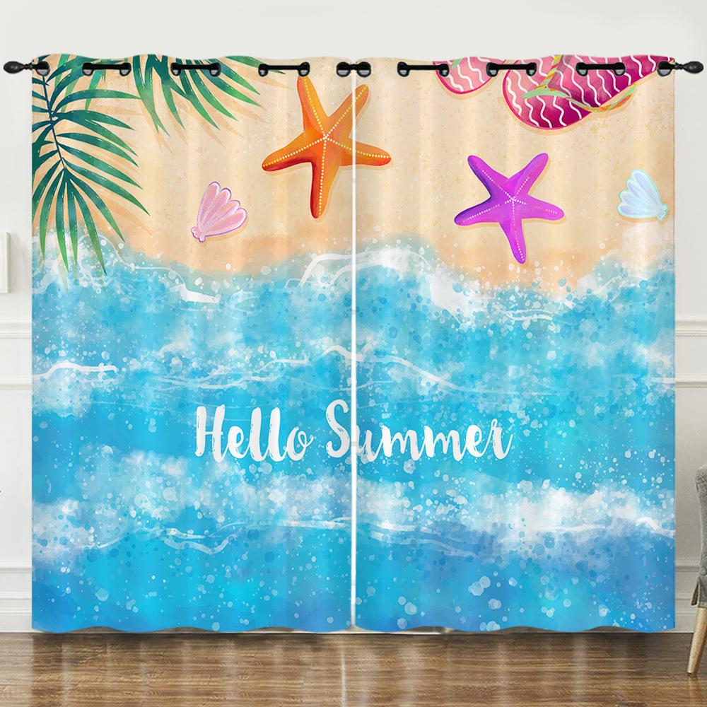 Curtains Summer Vitality Orange Beach Digital Printing Blackout Curtain Punching