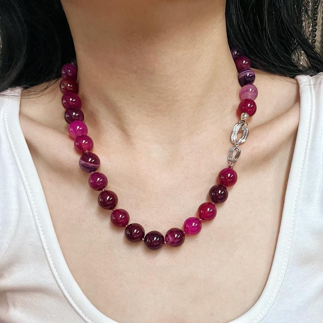 

National Style Retro 12Mm Natural Rose Red Chalcedony Agate Collarbone Chain Neck Chain Necklace Women S Commuter Model