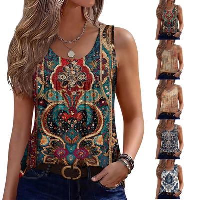 Women's New Fashion Retro Floral Striped Textured Print Round Neck Loose Casual Button-Down Sleeveless Vest Top
