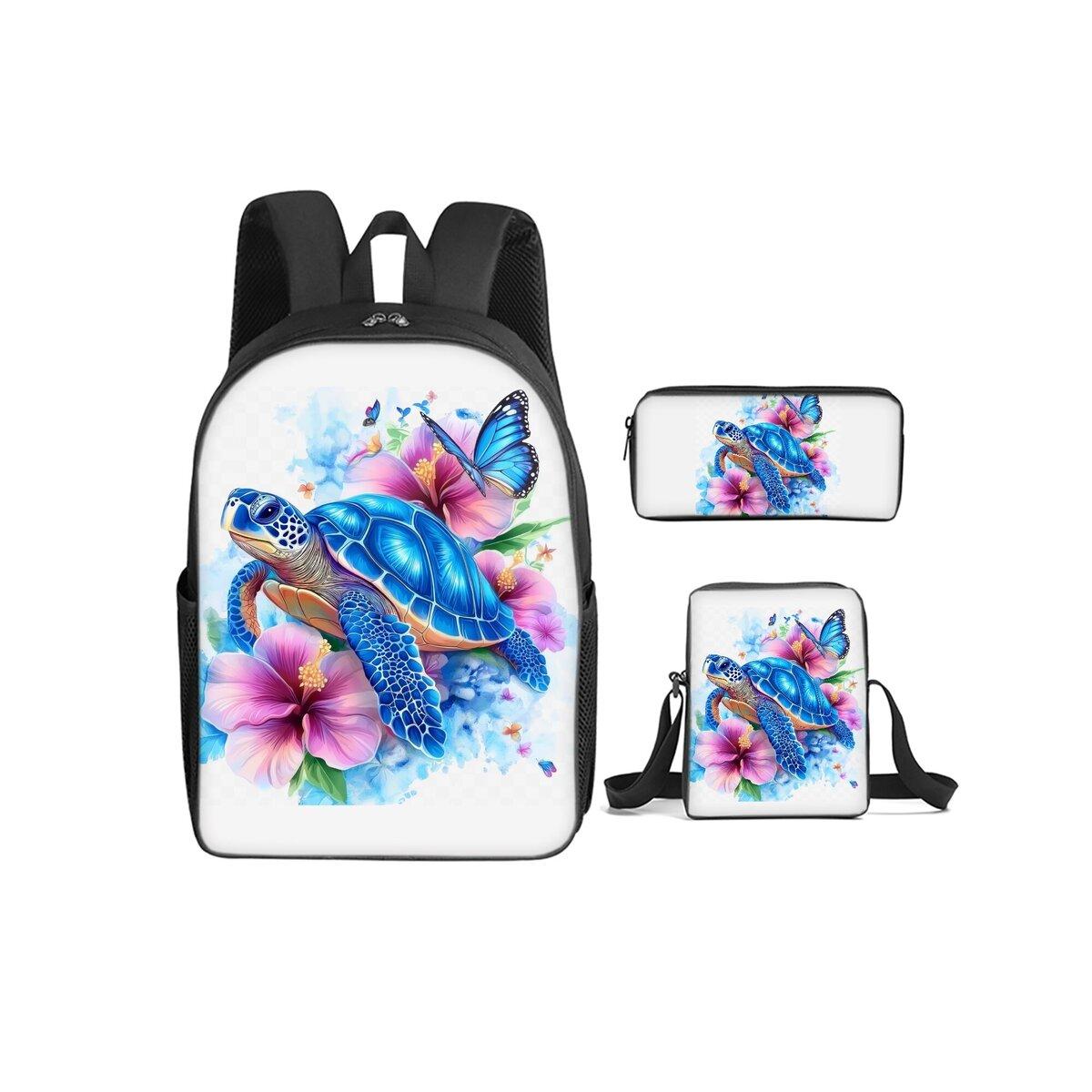 Zeeschildpad Koraalprint 3 Delen/Set Rugzak met Schoudertas, Etui voor Jongen/Meisje Beste Cadeau Cartoon Student Schooltassen