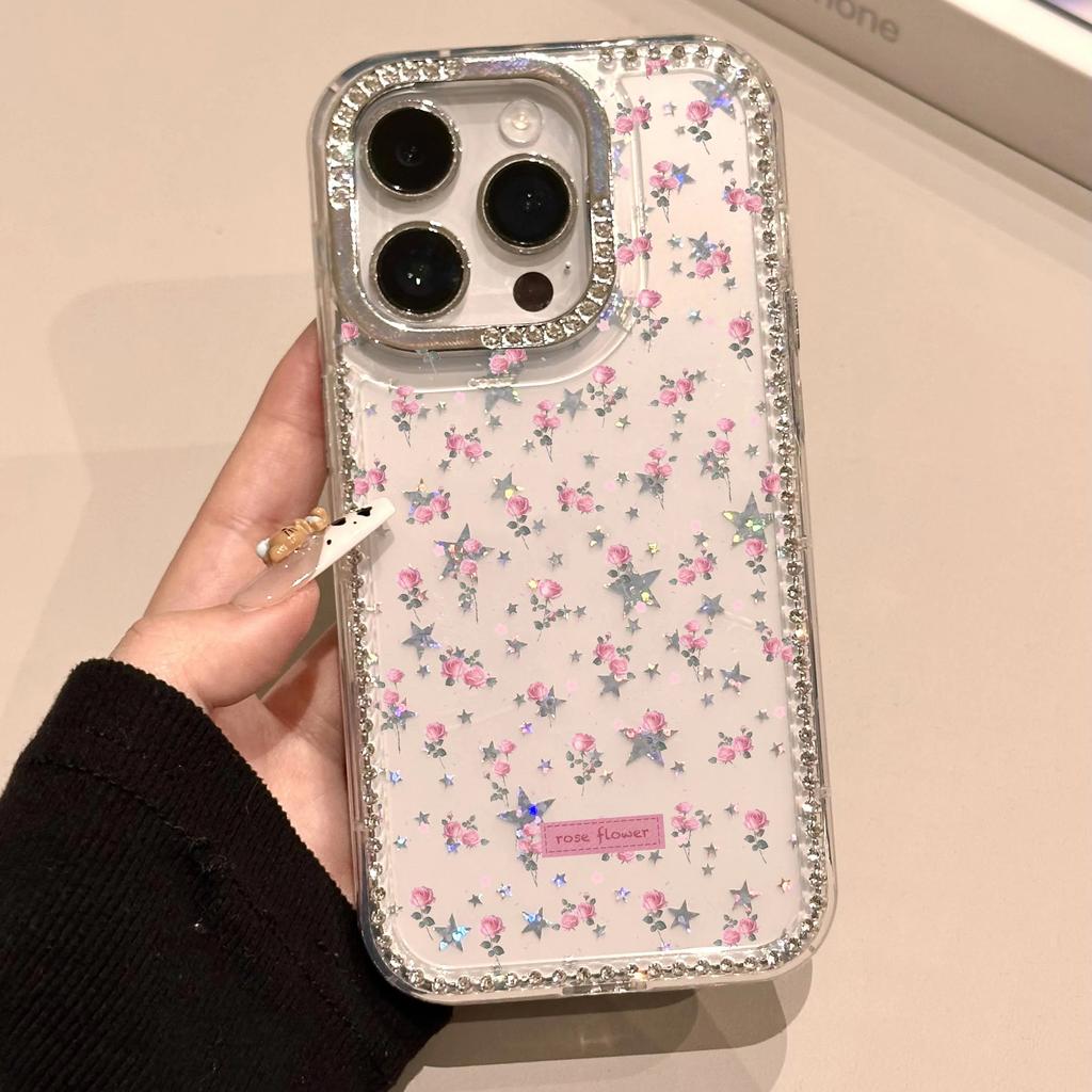 Ins pink rose for iPhone Apple 16/17pro mobile phone case 14/15 laser 12 flash diamond star 13