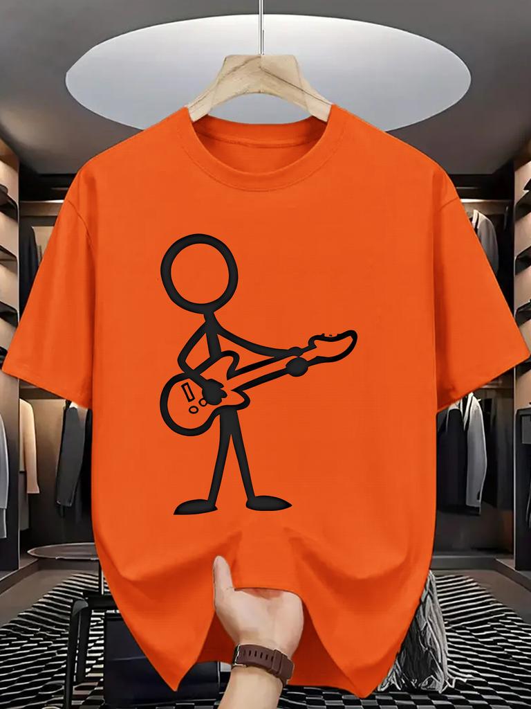 Stick Figure Print Unisex Short Sleeve Tshirt Minimalist Guitar Player Line Art O Neck Tee Rock Music Style Male Street Fashion Top
