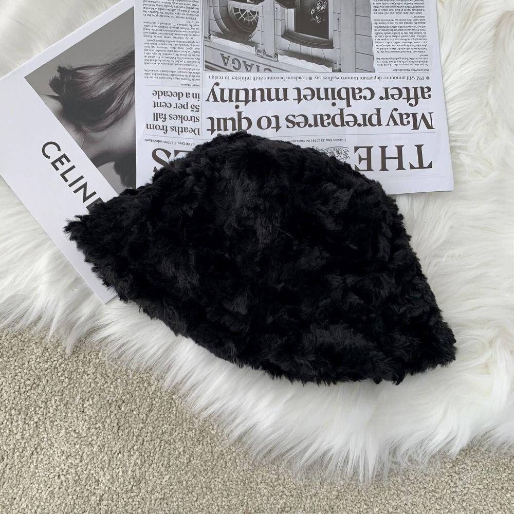Plush Fisherman Cap Warm Basin Sun Cap Winter Plush Bucket Hat  for Women