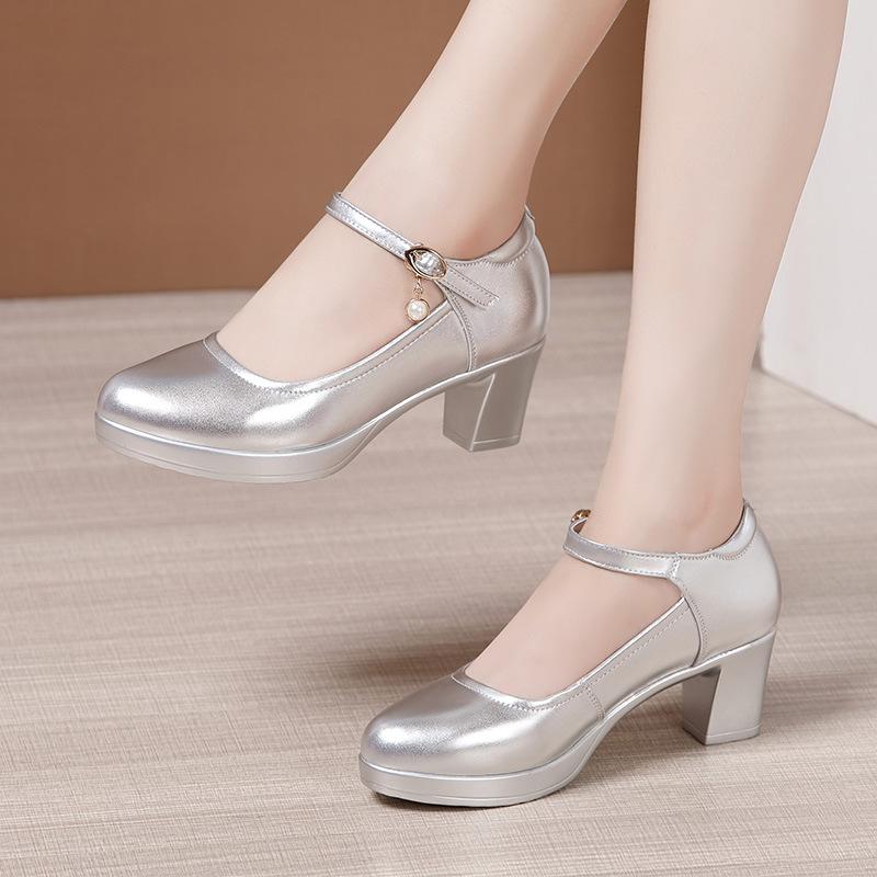 Fashion Size 32-43 Genuine Leather Thick Bottom Platform Pumps Women Wedding Shoes White 2024 Block High Heels Shoes for Office Model