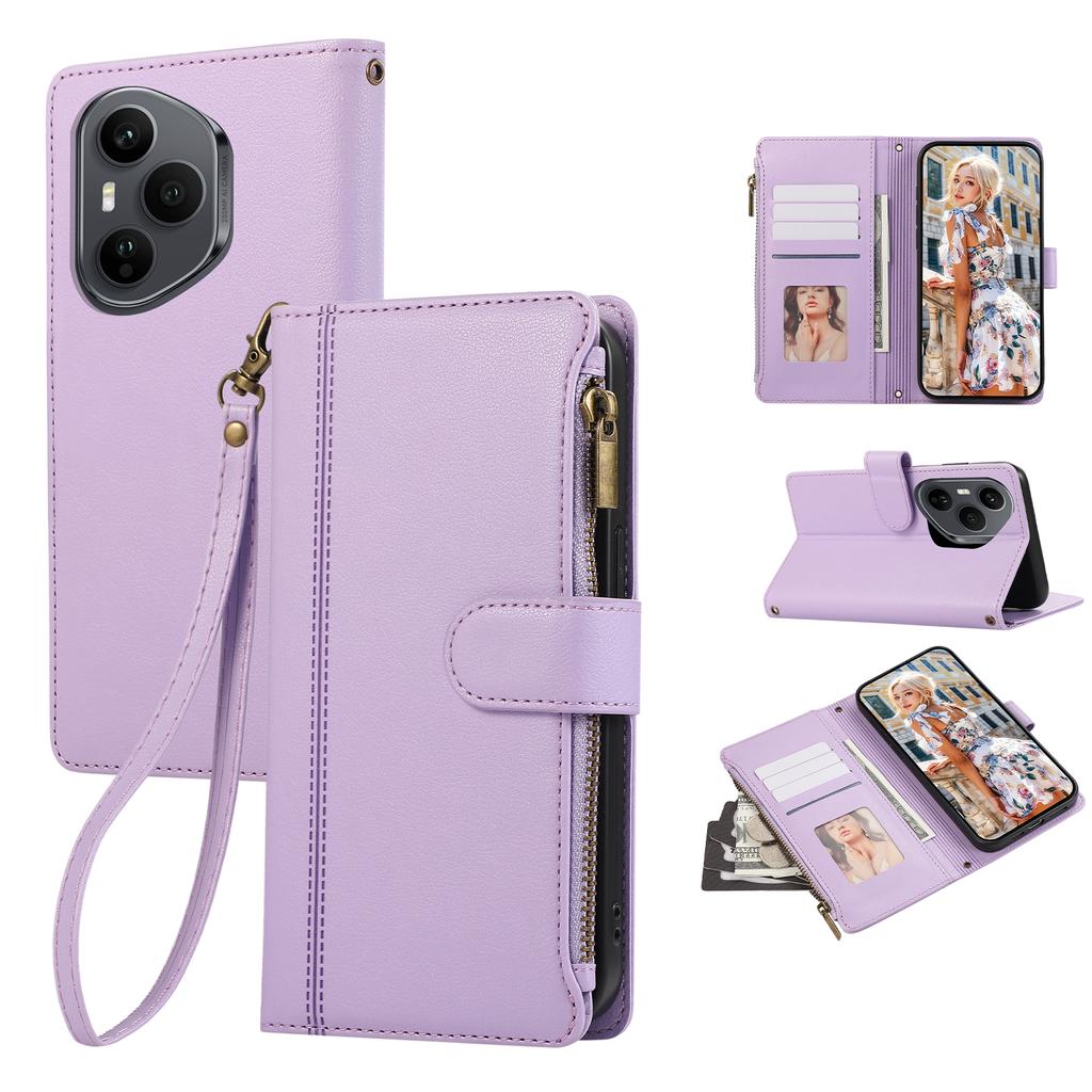 Dla Honor 400 Pro 5G (Światowy) Etui z wieloma przegródkami na karty, zapinane na zamek, skórzane etui na telefon z paskiem na nadgarstek