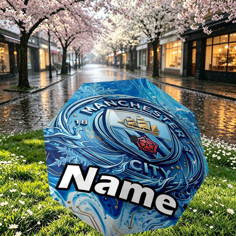 Custom Name Personalized Manchester City Print Umbrella, Auto Open Close, 8‑Rib Sturdy Frame, Commute Camping Hiking Use, Birthday Gift
