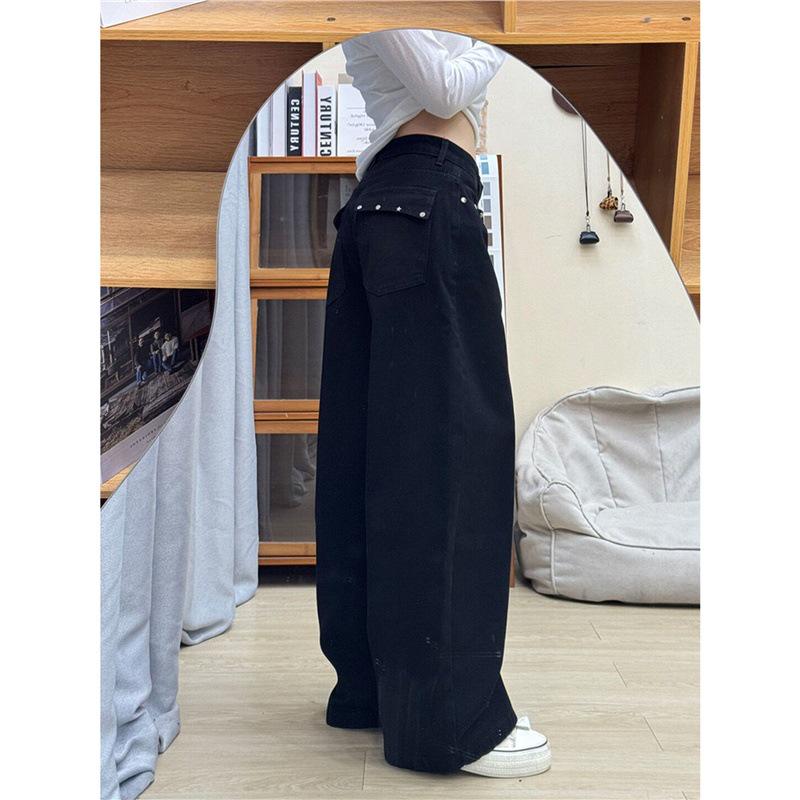 Plus Size Women's Black Floor-Length Straight Jeans with Pockets - Slimming, Loose Fit, Versatile American Streetwear