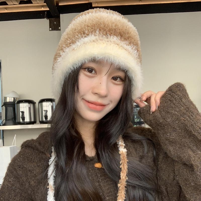 Winter Rabbit Hair New Rainbow Gradual Change Contrasting Color Ear Protector Wool Hat Women's Warm and Cold Plush Knitted Pullover Hat
