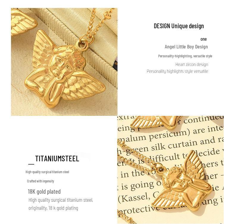 Women's 18K Gold Angel Pendant Necklace - European & American Hip Hop Style, Titanium Steel Clavicle Chain