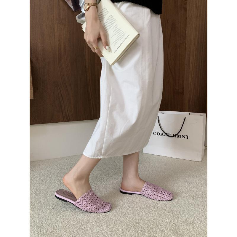 Fashion Slippers Casual Shoes Low Slides Fretwork Heels Slipers Women Luxury Soft Flat Summer 2025 Leisure Fashion Fabric Rubber PU