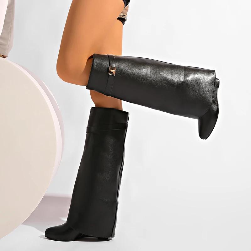 Fashion Black Pu Leather Knee High Boots Women Sexy Pointed Toe Straight Leg Boots Woman Punk Style Wedge High Heels Long Botas Mujer