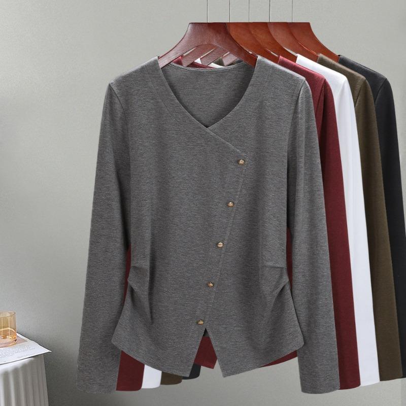 Long-sleeved T-shirt Women's Autumn Clothing New Women's Clothing Temperament Collar Shoulder Solid Color T-shirt Design Sense Split Top