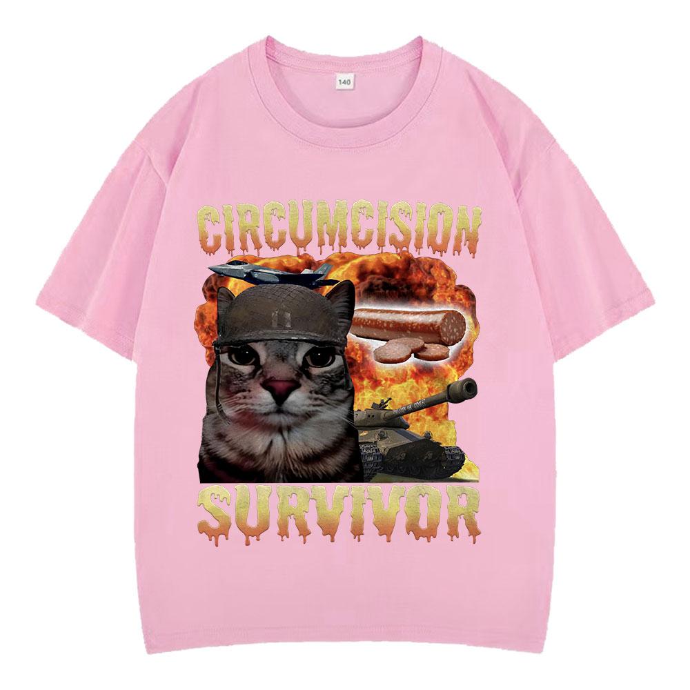 T-shirts Unisexe Vintage Amusants pour Chat Survivant de la Circoncision T-shirts Oversize Décontractés en Coton à Manches Courtes