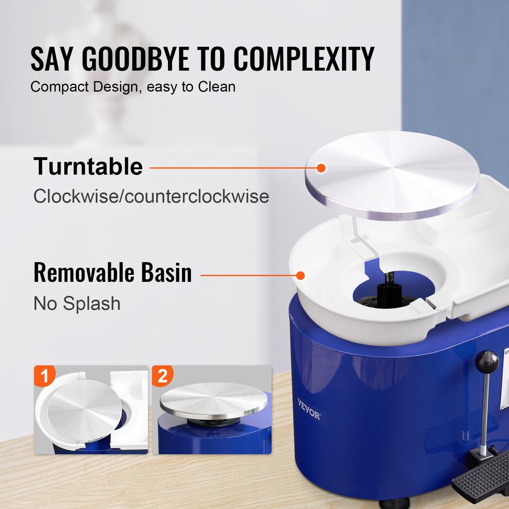 SucceBuy 11in Pottery Wheel Ceramic Forming Machine Adjustable 60-300RPM Speed Handle Foot Pedal Control ABS Detachable Basin