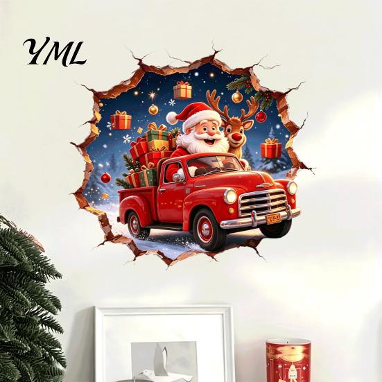 Removable Christmas Decorations Santa Claus Wall Stickers, Retro Peel And Stick Red Pickup Truck & Decals with Home Holiday Accents 3D Breaking