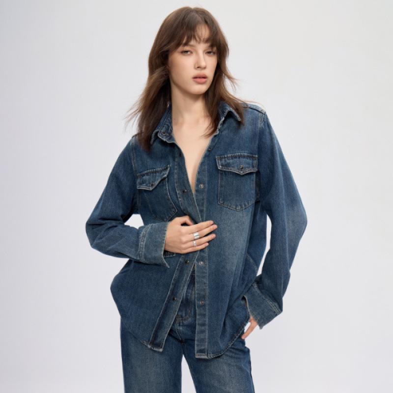

Retro Washed Denim Shirt for Women - Autumn 2025 Casual Versatile Slimming Layer One Size синій