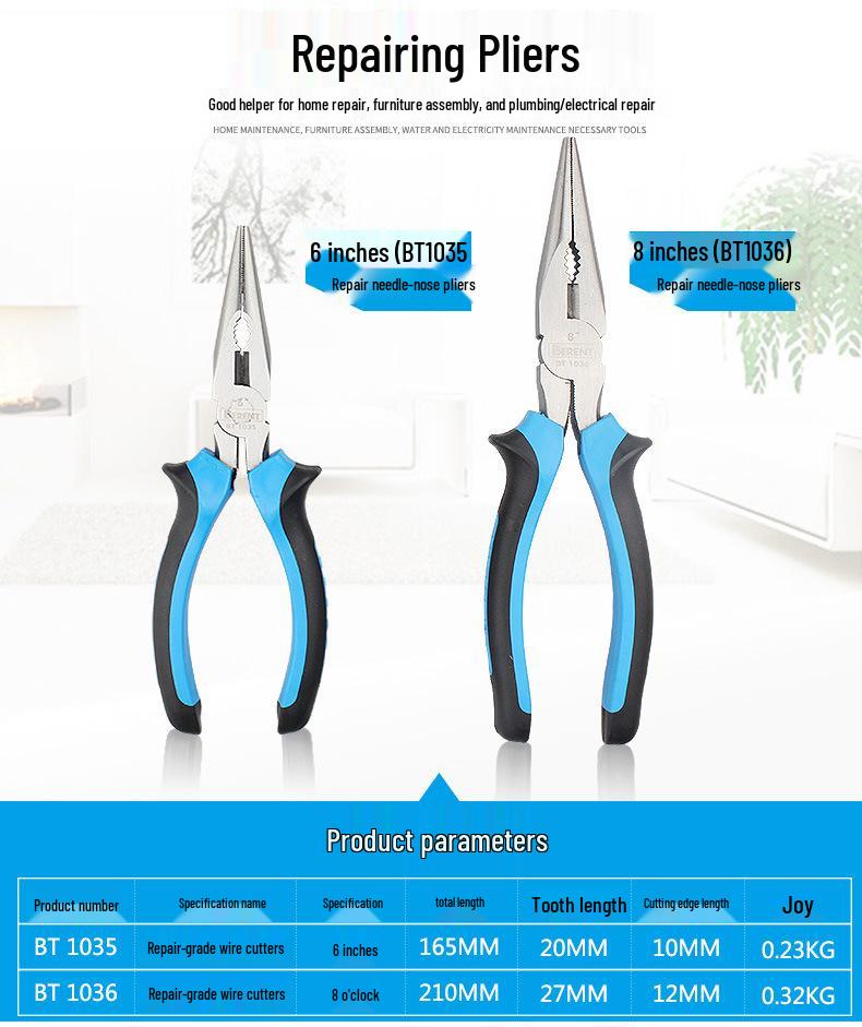 Bairui Multi-functional Needle-nose Pliers Set: Includes 6-inch and 8-inch labor-saving, mini, wire-wrapping, and angled pliers.