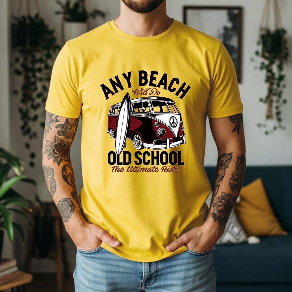 Vintage Old School Surf Bus Surfboard Print Unisexs T Shirt Loose Short Sleeve Crew Neck Beach Vacation Casual Tees