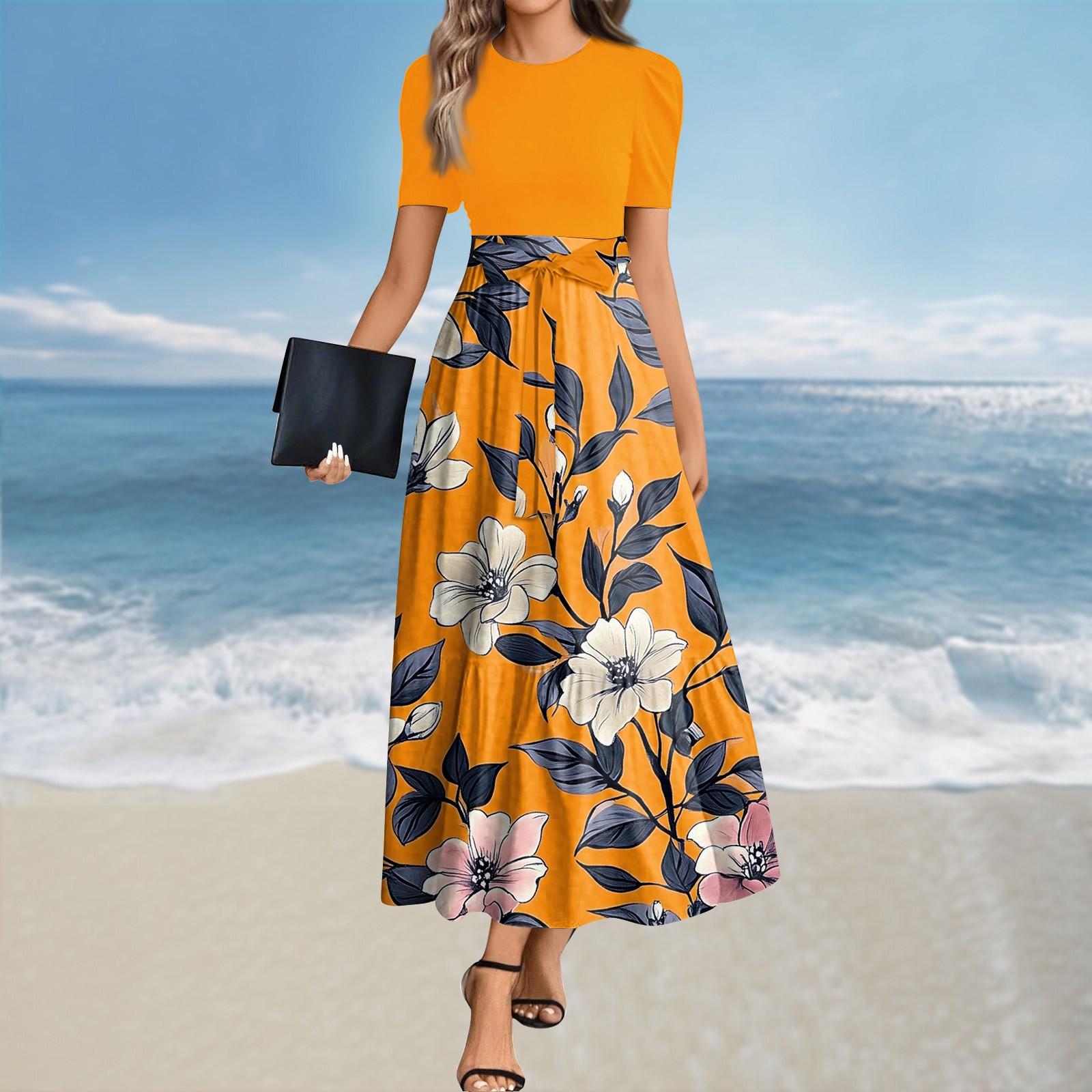 

Жіноча літня сукня вільна пляжна відпустка повсякденна глибокий V-подібний виріз жилет елегантна сукня-сорочка S помаранчевий