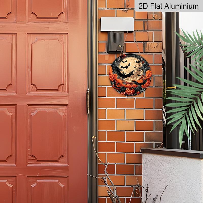 2D Flat 1pc/2pcs, Decorative Plaques and Ornaments Sign, Round Aluminum Halloween Wall Plaque, Retro Engraving Full Moon Bats Pumpkin Decor