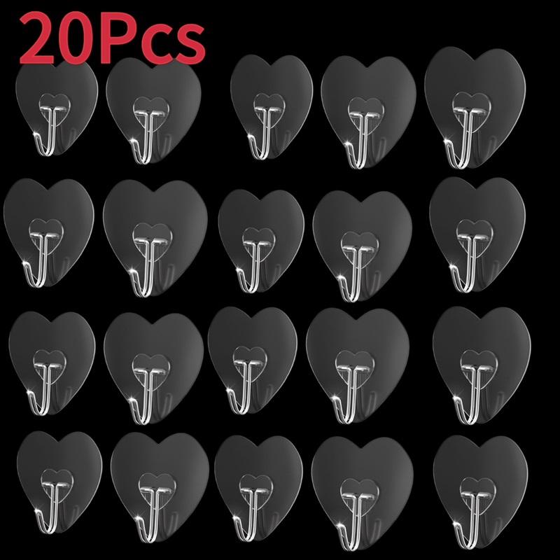Heart Shape Transparent Hooks Non Punching Plastic Love Hangers Holder Self Adhesive Key Towel Multi-Purpose Hooks Storage Rack