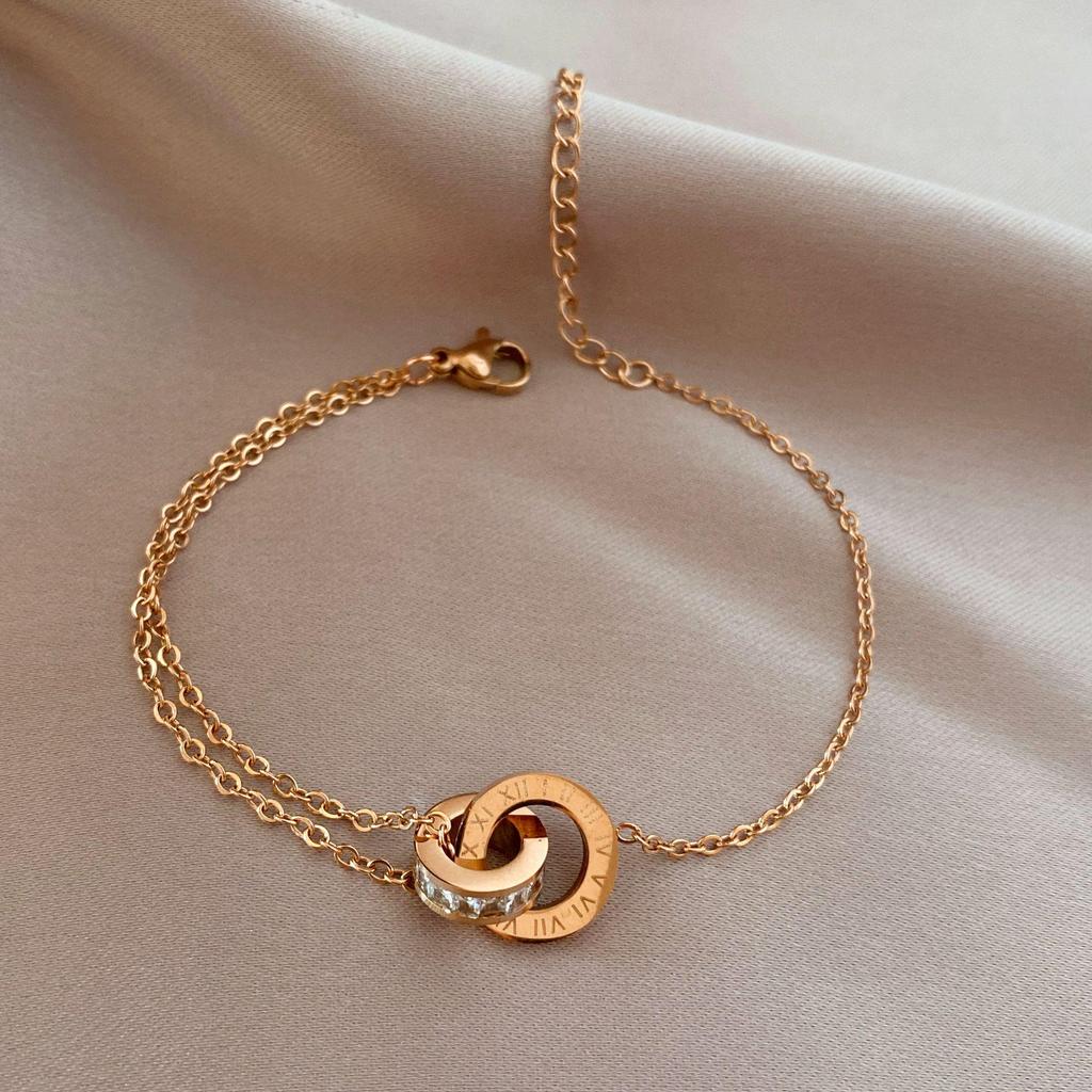 Rose Gold Zircon Roman Numerals Double Ring Bracelet - Titanium Steel Japanese & Korean Style Bangle