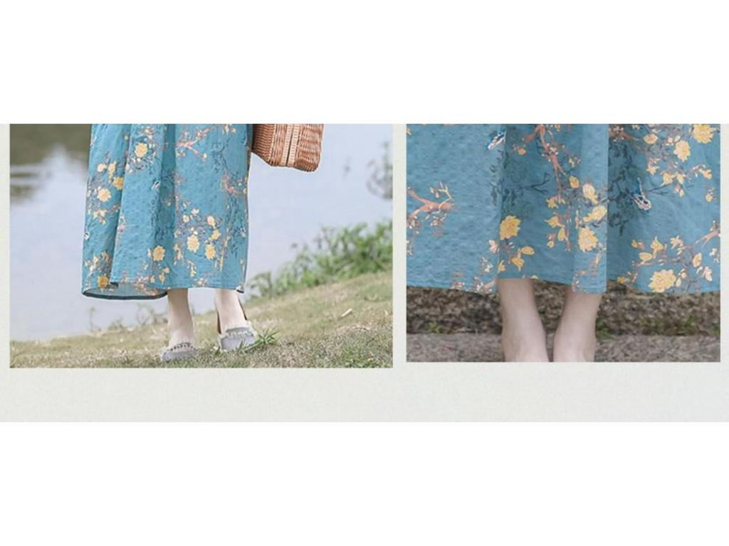 2026 Summer Retro Print Cotton & Linen Long Dress for Women
