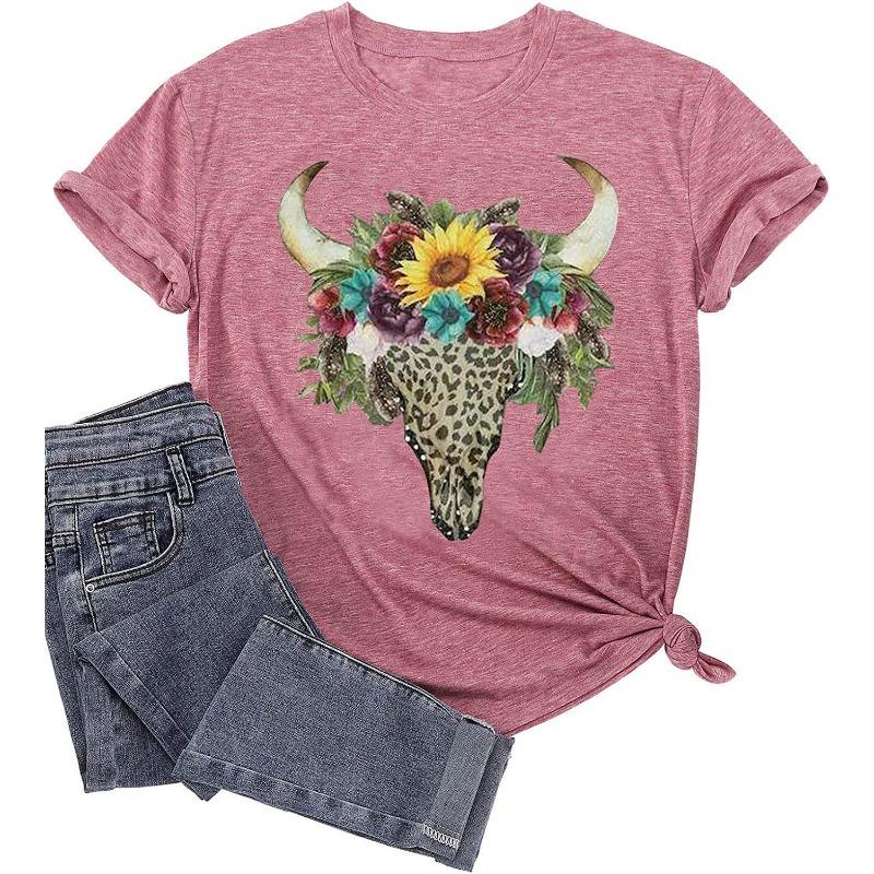 Nové dámské volné tričko s kulatým výstřihem a krátkým rukávem s 3D potiskem hlavy krávy