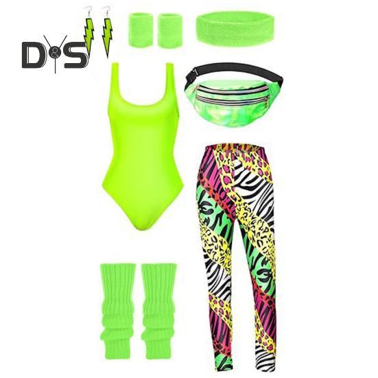 

Женский спортивный костюм в стиле ретро 1980-х годов, спортивная одежда, фитнес-экипировка, аксессуары для костюмов с жилетом, леггинсы, повязка на голову, браслеты, гетры, серьги, поясная сумка XL флуоресцентный зеленый