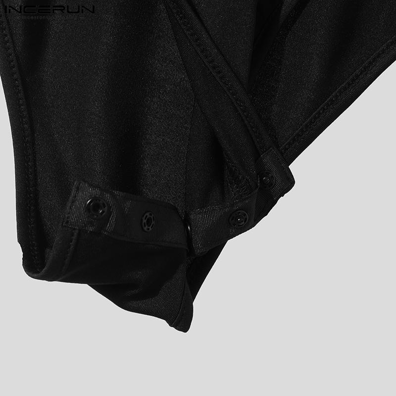 INCERUN Men Long Sleeve Polka Dot Patchwork Mesh See Through Bodysuits Jumpsuits