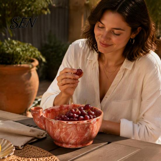Decorative Fruit Display Dish Ceramic Berry Bowl, Self Rinsing with Drainage Hole Washing Flower Shaped Basket Glazed Bowl for Kitchen Countertop