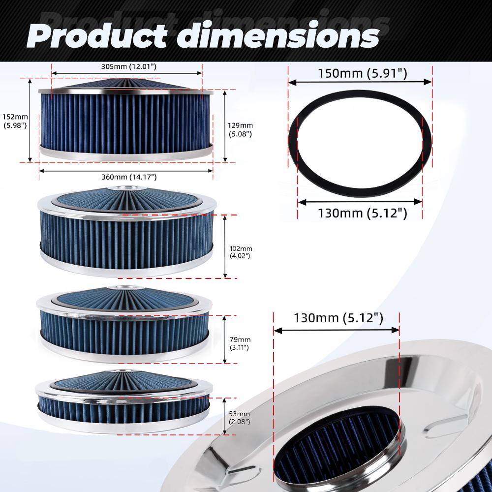5-1/8 Carb Neck High Flow Air Cleaner Set 14in X 2in/3in/4in/5in Chrome Round Performance Thru Air Cleaner Filter OFI178