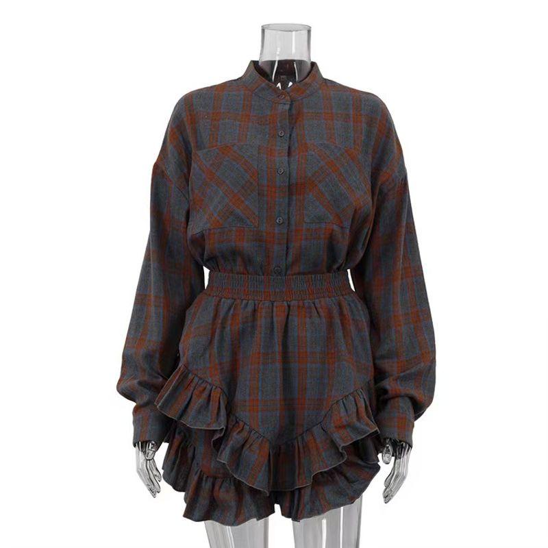 

Мода Мода Карманная Клетчатая Рубашка Рюши Шорты Костюм Клетчатая Рубашка и Шорты Набор Orange color L