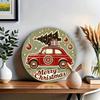 Vintage Christmas Car Tree Round Metal Sign 87x87 inch Festive Red Car Gift Merry Christmas Script Home Office Holiday Decoration