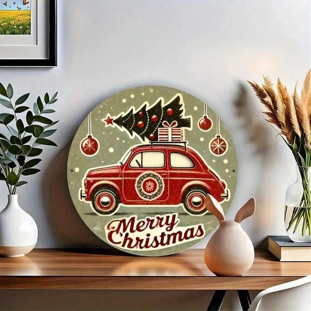Vintage Christmas Car Tree Round Metal Sign 87x87 inch Festive Red Car Gift Merry Christmas Script Home Office Holiday Decoration