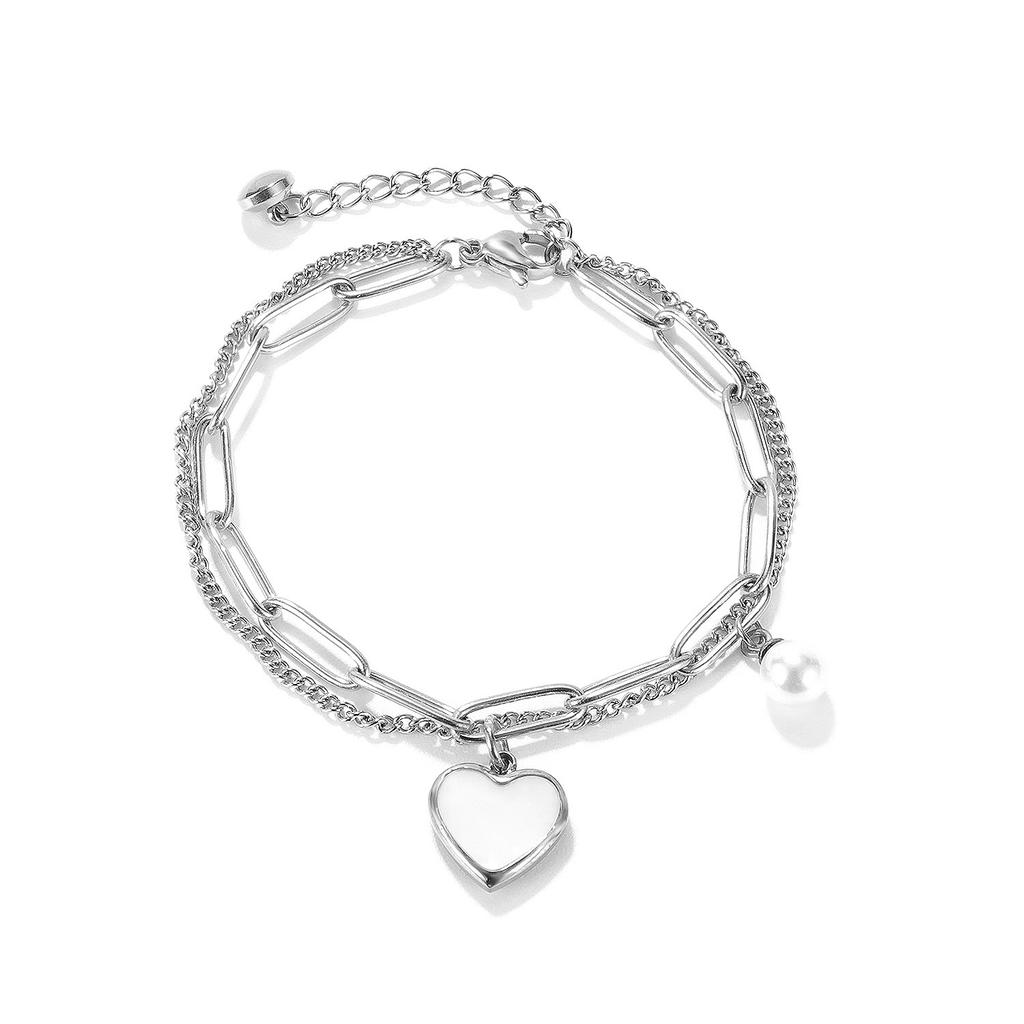 Fashion niche design personalized double-layer bracelet temperament versatile heart simulation pearl stainless steel bracelet