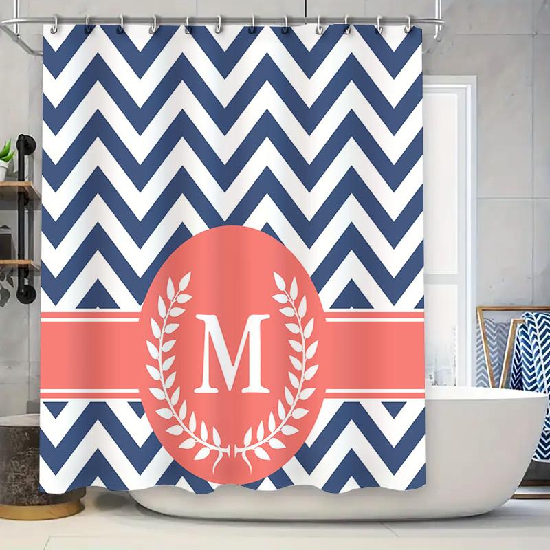 

Chevron Pattern Monogram Shower Curtain For Bathrooms Navy Blue Coral Red Size 72X84 Inches W60H190(CM)-1 Pcs