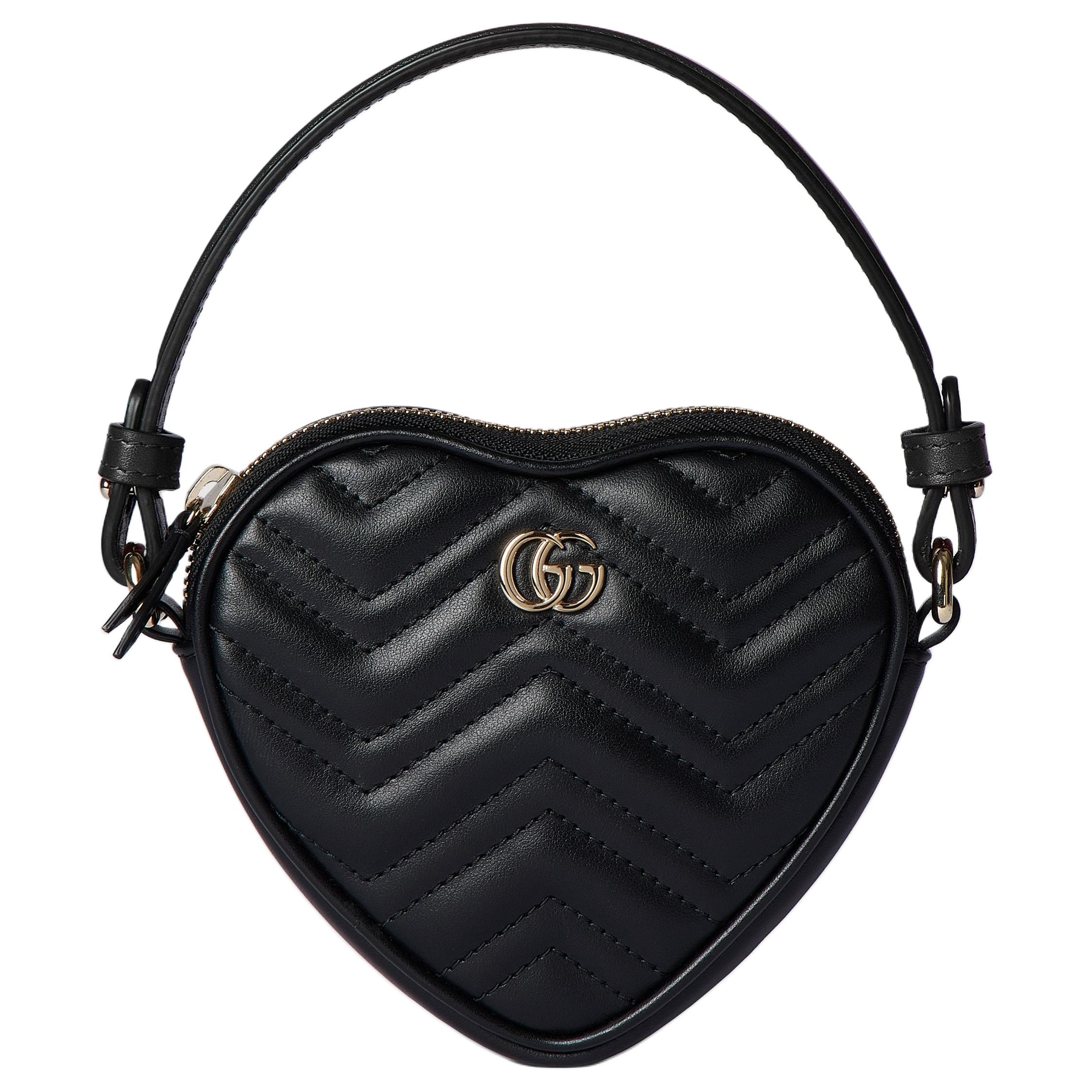 

Gucci GG Marmont Chevron Quilted Black Leather Heart Shape Mini Top Handle Bag With Gold Hardware For Women Luxury Daily Use Basic Set (Bag+Dust Bag)