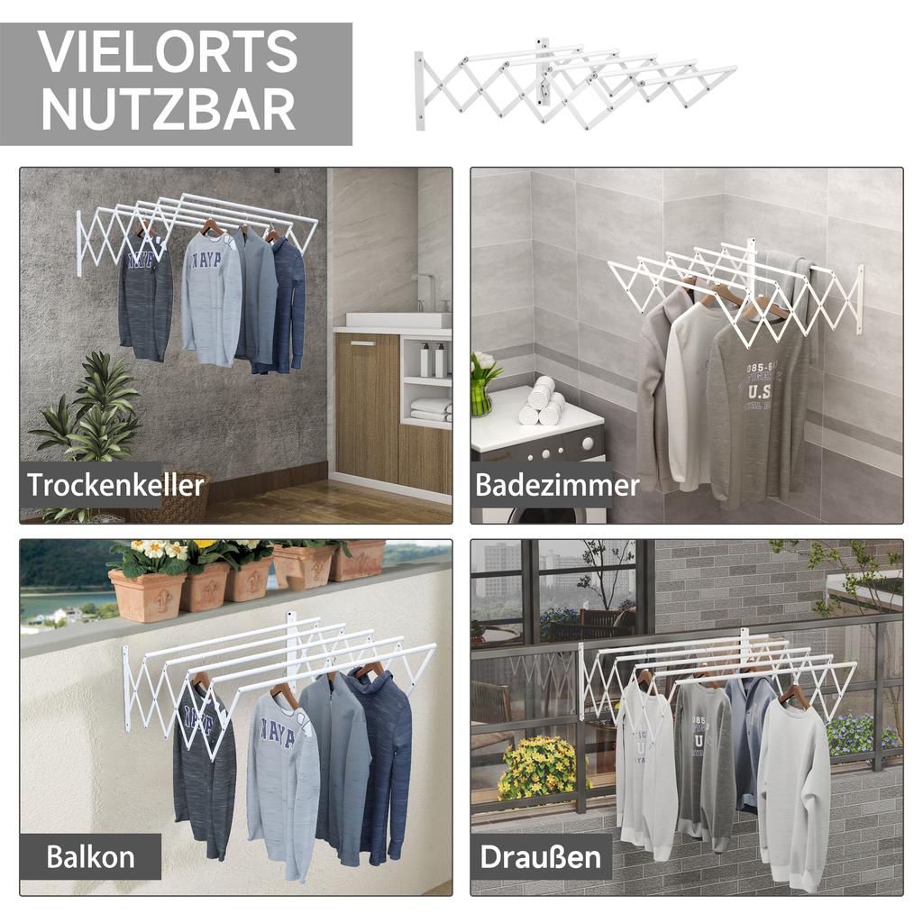 Wall-Mounted Clothes Rack Retractable Foldable Space-Saving Clothes Dryer, Wall Clothes Dryer for Indoor and Outdoor, White, 63.5 x 60 x 20 cm
