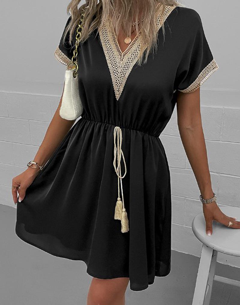 Spring/Summer Solid Color Lace V-Neck Dress with Short Sleeves